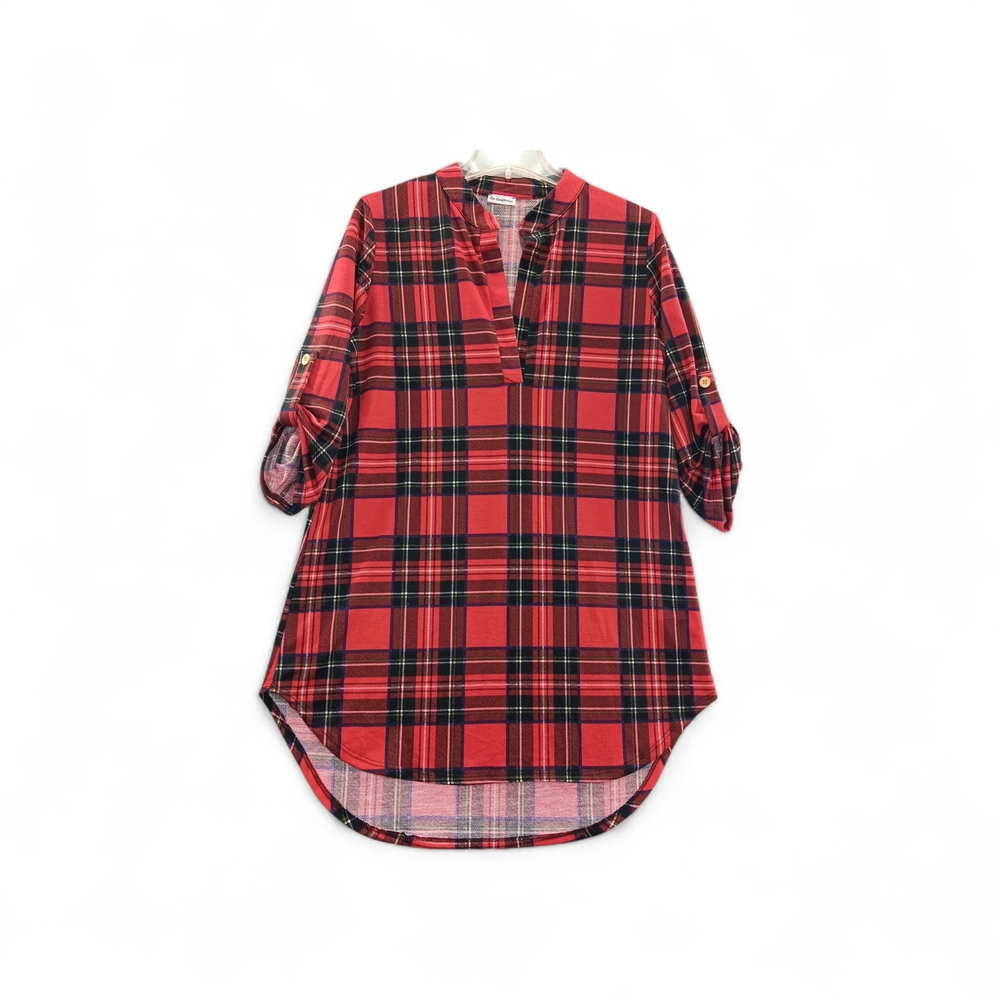 Égs California Red Plaid Tunic Size M Roll Tab Sleeve Comfort Causal Cabincore